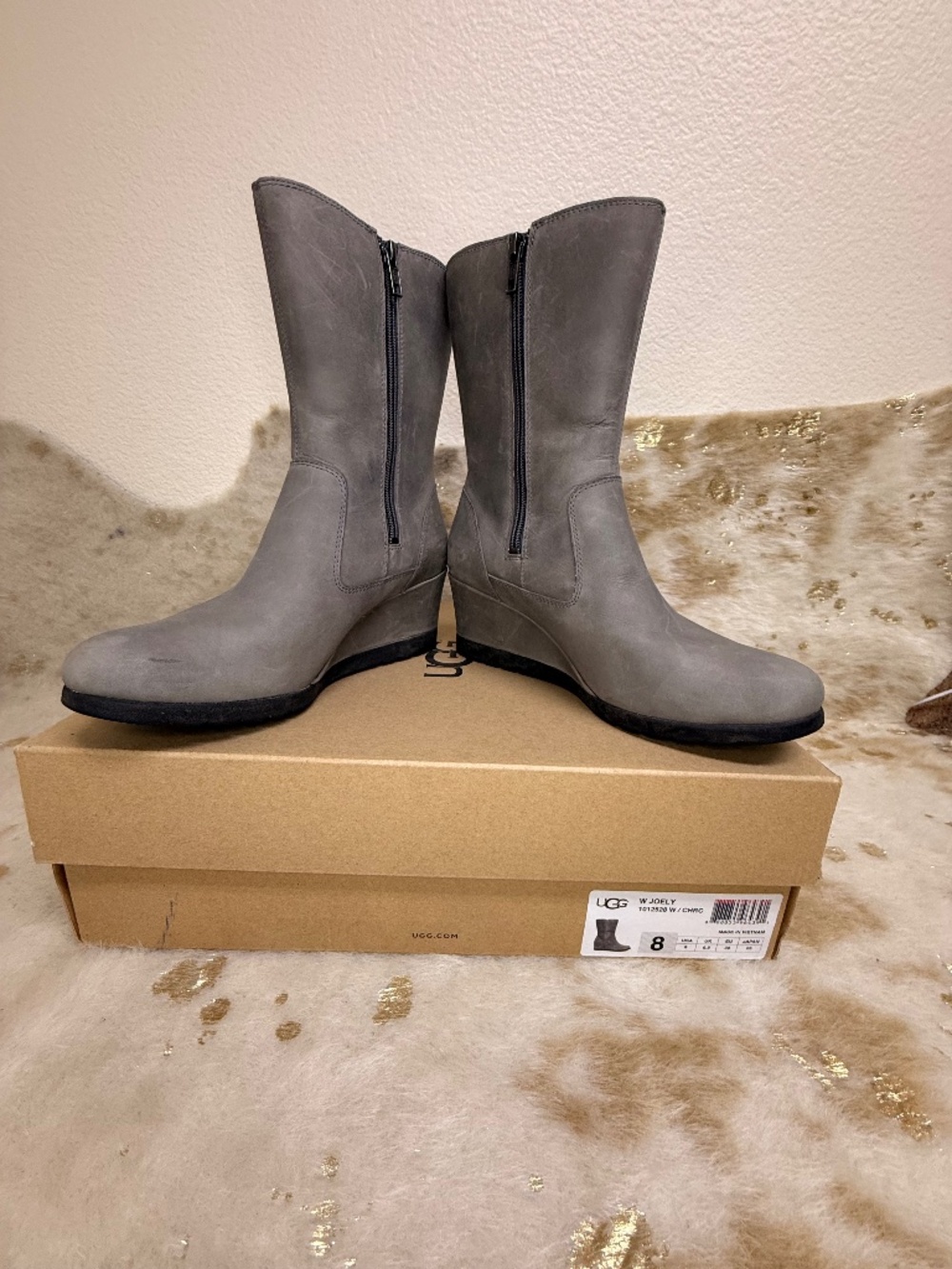 Excellent Condition UGG Joely Gray Leather Boots Waterproof Wedge Women's Size 8